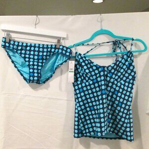 DKNY BLUE POLKA DOT TANKINI AND BOTTOM SIZE L PREPPY BEACH COLOR SUMMER VACATION